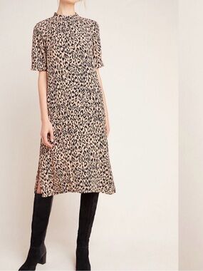 Anthropologie Mackenzie Mock-Neck Leopard-Print Midi Dress